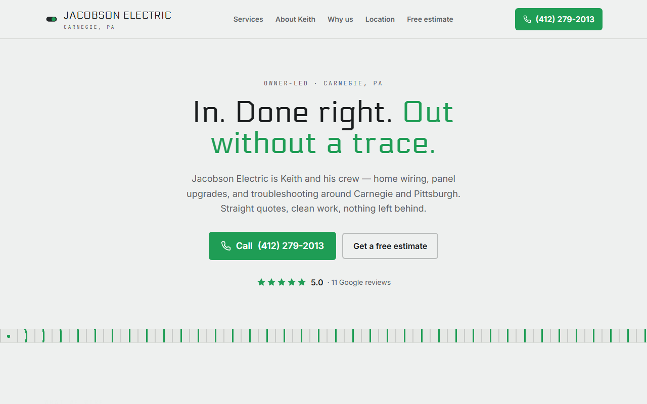 Screenshot of the Jacobson Electric one-page website built by Better Call Sites