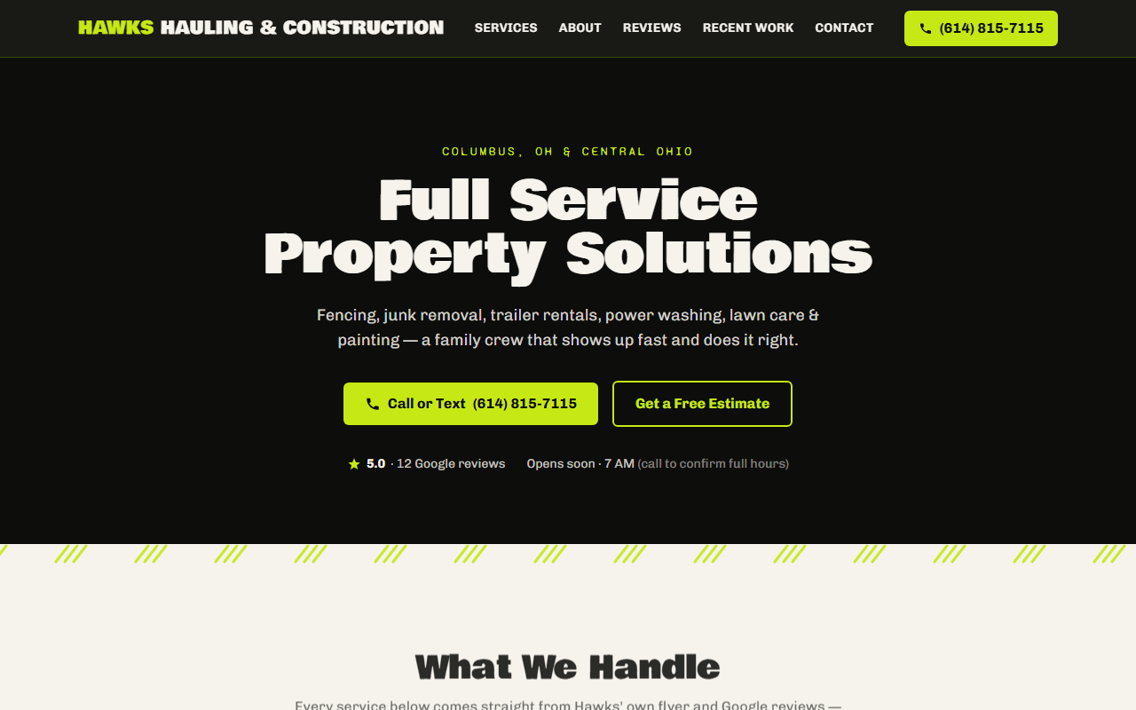 Screenshot of the Hawks Hauling and Construction one-page website built by Better Call Sites