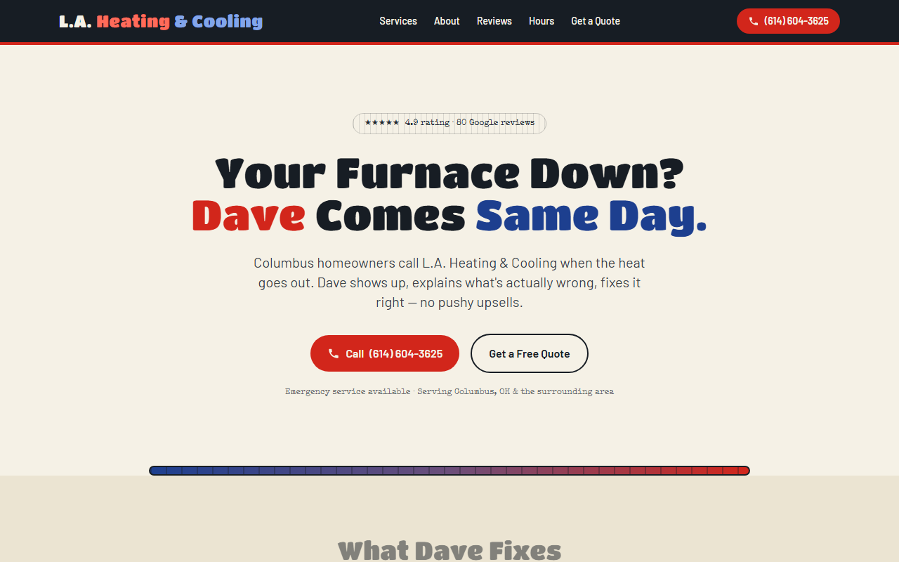 Screenshot of the L.A. Heating and Cooling one-page website built by Better Call Sites