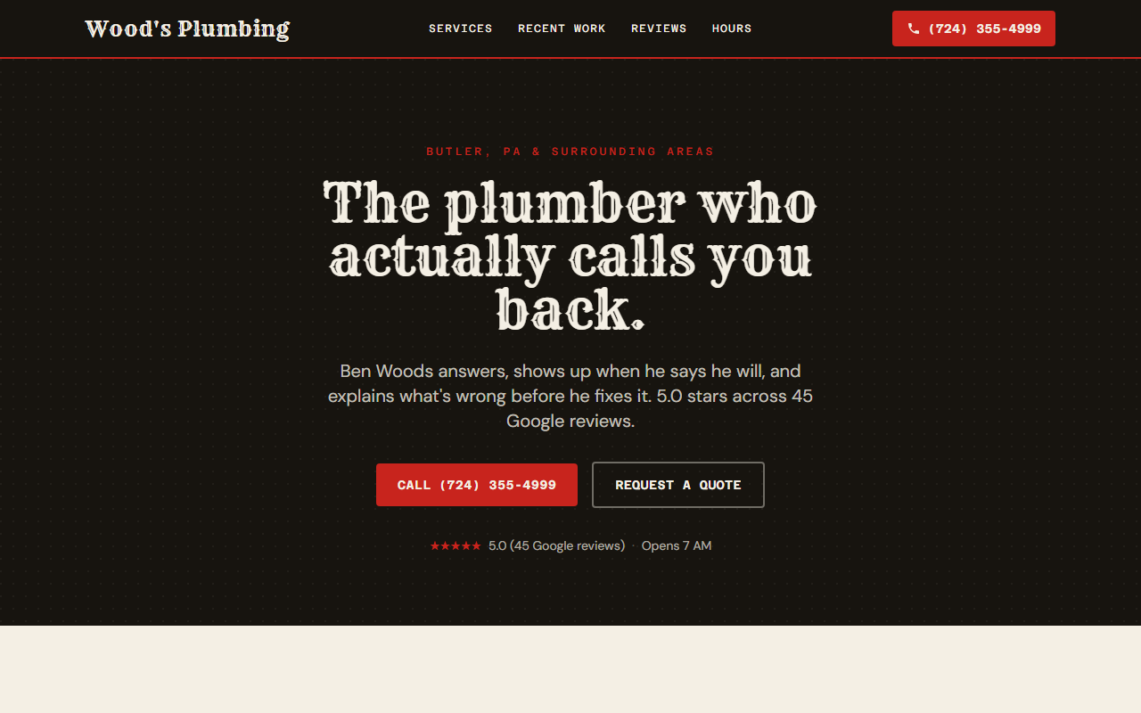 Screenshot of the Wood's Plumbing one-page website built by Better Call Sites