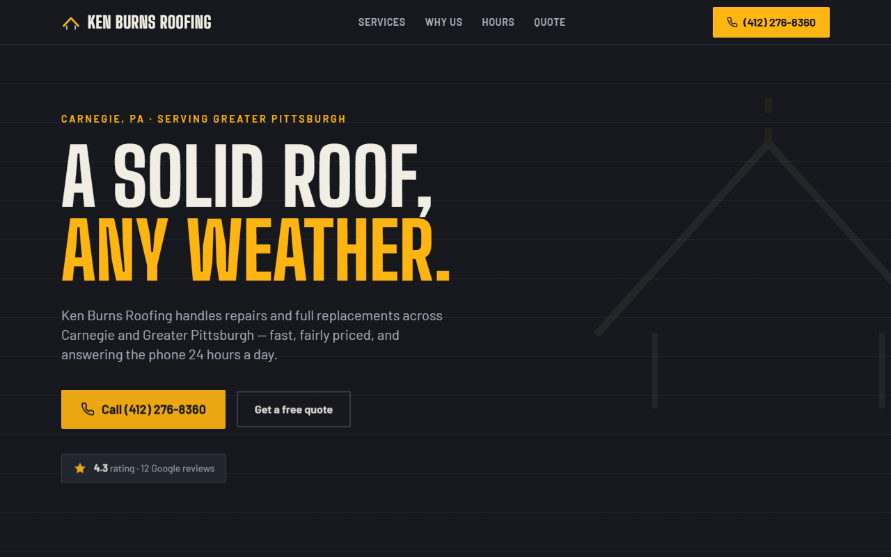 Screenshot of the Ken Burns Roofing one-page website built by Better Call Sites