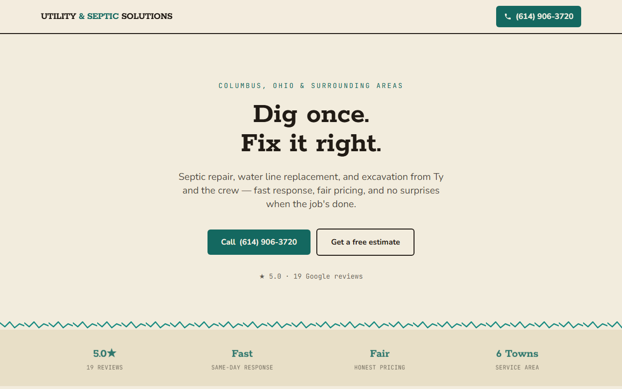 Screenshot of the Utility and Septic Solutions one-page website built by Better Call Sites