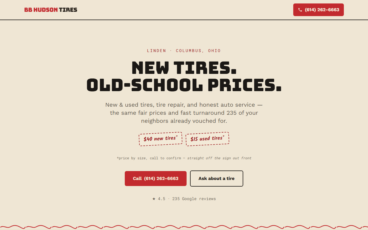 Screenshot of the BB Hudson Tires one-page website built by Better Call Sites