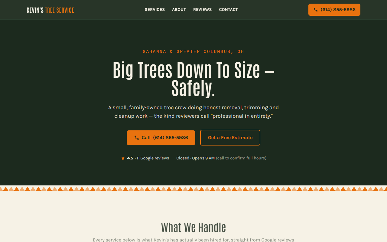 Screenshot of the Kevin's Tree Service one-page website built by Better Call Sites
